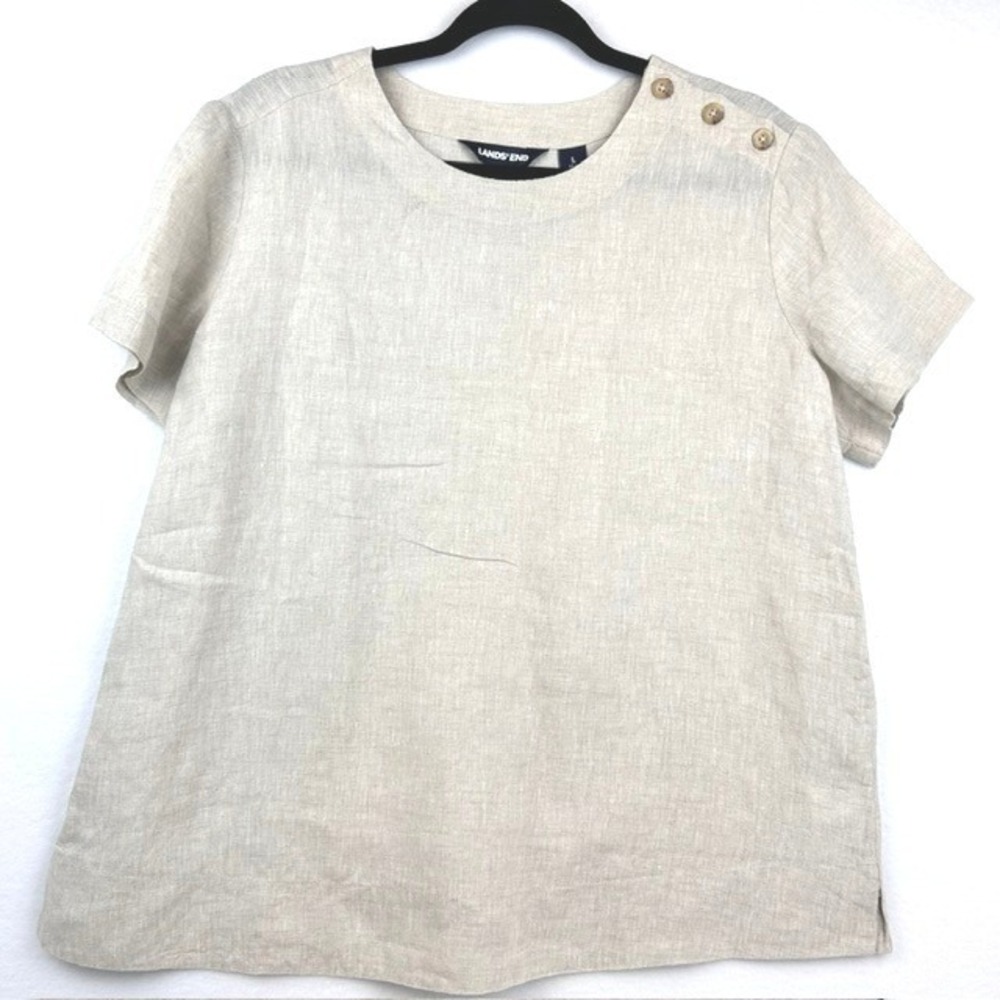 Lands End Lagenlook Linen Top Beige Button Shoulder Short Sleeve Women Large